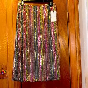 Anthropologie Leith Womens Rainbow Pencil Skirt Purple Stripe Sequin Zip M NWT